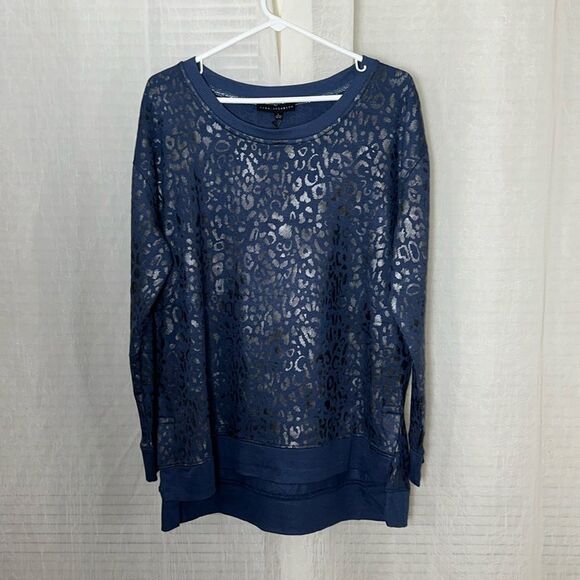 JANE + DELANCEY L Navy Silver Black Metallic Animal Print Crew Fleece Pullover - Picture 2 of 12